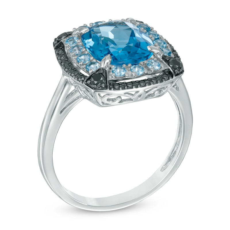 Cushion-Cut Blue Topaz and 1/10 CT. T.W. Black Diamond Ring in 10K White Gold