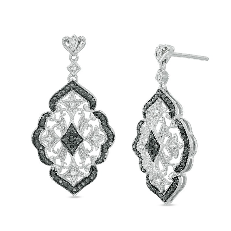 Main Image 1 of 1/10 CT. T.W. Enhanced Black and White Diamond Vintage-Style Drop Earrings in Sterling Silver