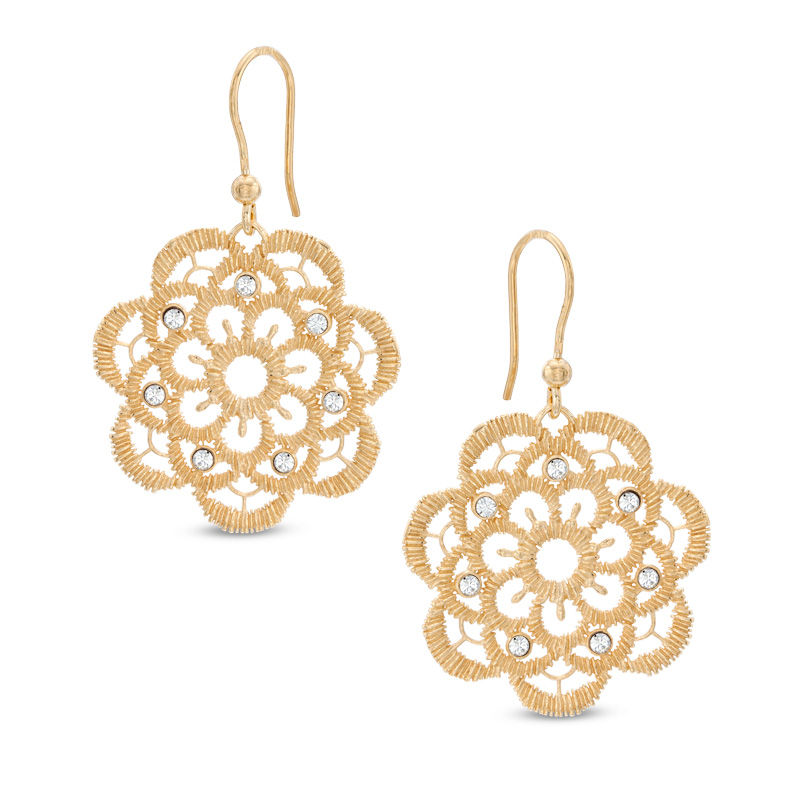 Main Image 1 of Cubic Zirconia Lacey Flower Drop Earrings in Sterling Silver and 18K Gold Plate