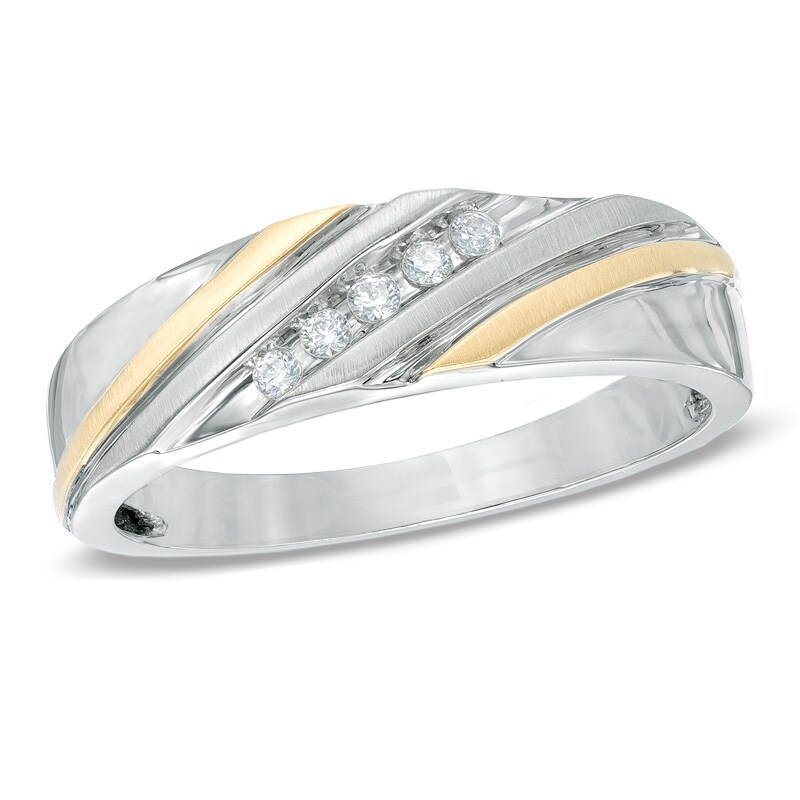 Men's 1/10 CT. T.W. Diamond Slant Wedding Band in 10K Two-Tone Gold