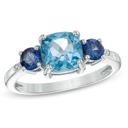 7.0mm Cushion-Cut Blue Topaz, Lab-Created Blue Sapphire and Diamond Accent Ring in Sterling Silver