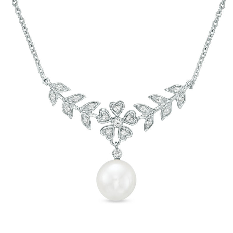 Main Image 1 of 8.0-9.0mm Freshwater Cultured Pearl and White Topaz Flower Necklace in Sterling Silver