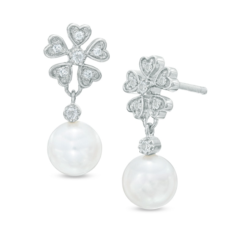 Main Image 1 of 6.0-7.0mm Freshwater Cultured Pearl and White Topaz Flower Drop Earrings in Sterling Silver