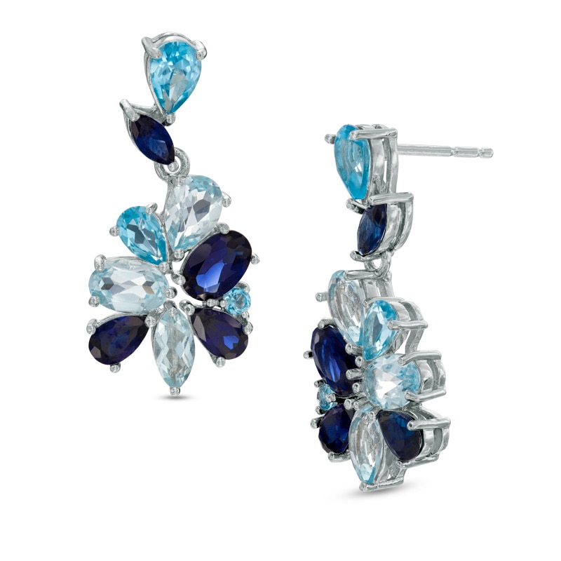 Multi-Shaped Blue Topaz and Lab-Created Blue Sapphire Drop Earrings in Sterling Silver