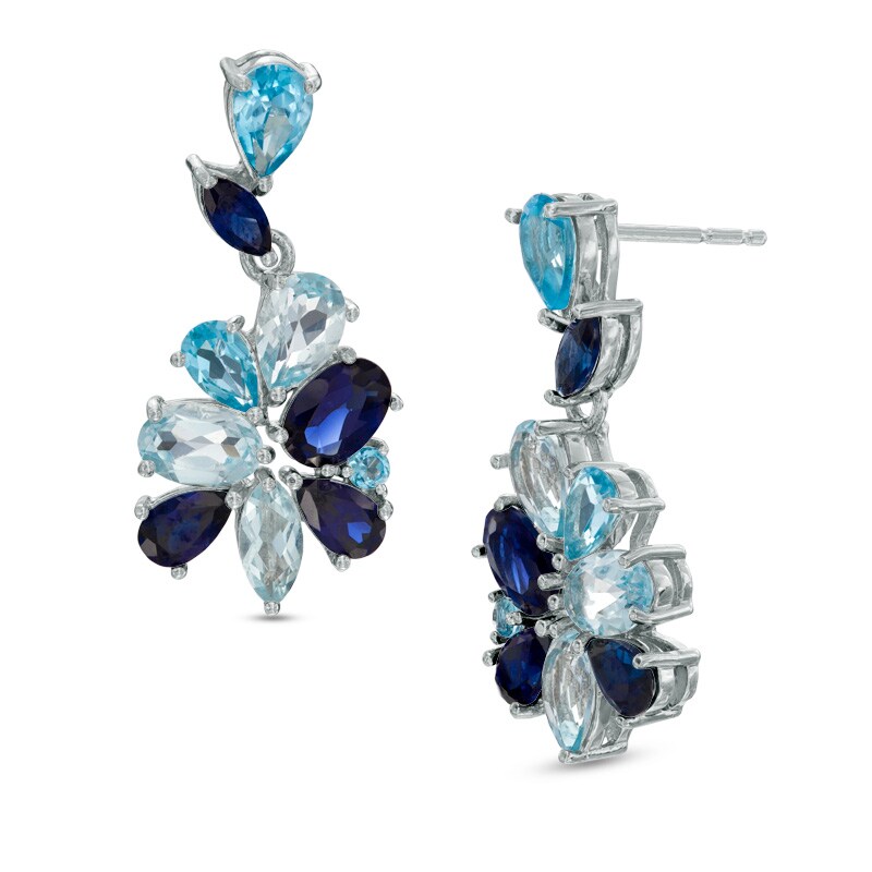 Main Image 1 of Multi-Shaped Blue Topaz and Lab-Created Blue Sapphire Drop Earrings in Sterling Silver
