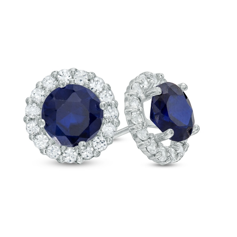 6.0mm Lab-Created Blue and White Sapphire Frame Stud Earrings in 10K White Gold