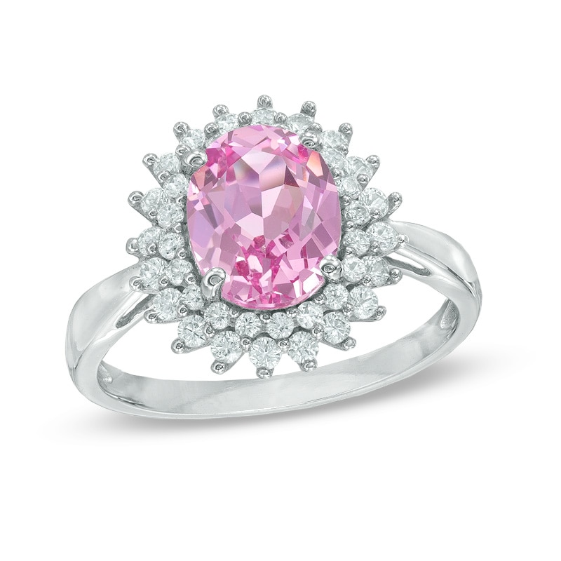 Oval Lab-Created Pink and White Sapphire Frame Ring in 10K White Gold