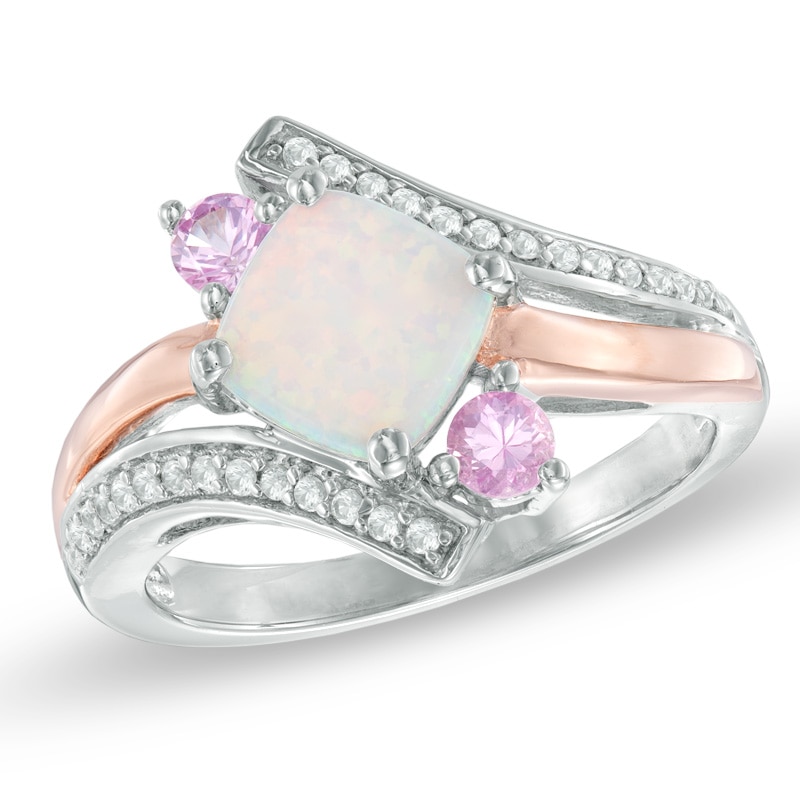Cushion-Cut Lab-Created Opal and Pink and White Sapphire Ring in Sterling Silver with 14K Rose Gold Plate