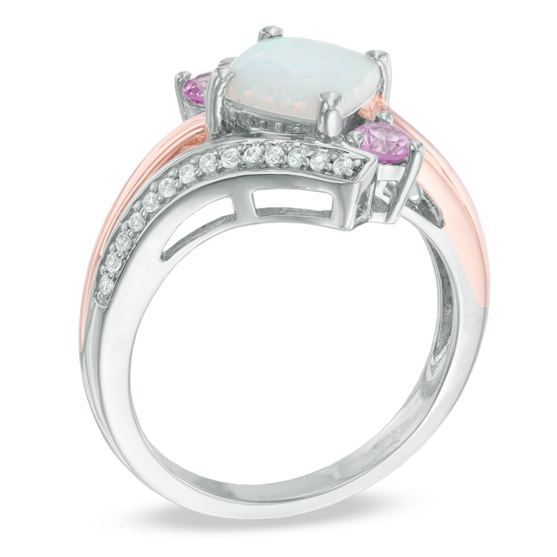 Cushion-Cut Lab-Created Opal and Pink and White Sapphire Ring in Sterling Silver with 14K Rose Gold Plate