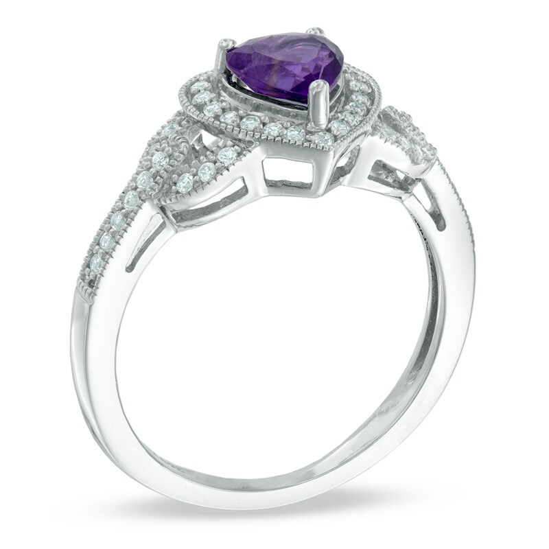 Main Image 2 of 6.0mm Heart-Shaped Amethyst and Lab-Created White Sapphire Buckle Ring in Sterling Silver