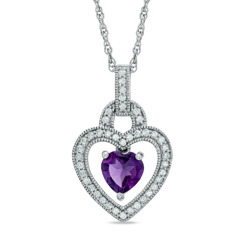 Main Image 1 of 6.0mm Heart-Shaped Amethyst and Lab-Created White Sapphire Buckle Pendant in Sterling Silver