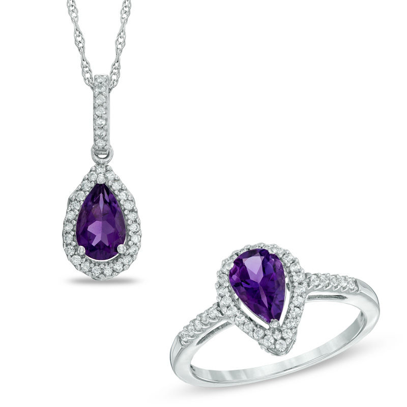 Main Image 1 of Pear-Shaped Amethyst and Lab-Created White Sapphire Frame Pendant and Ring Set in Sterling Silver - Size 7