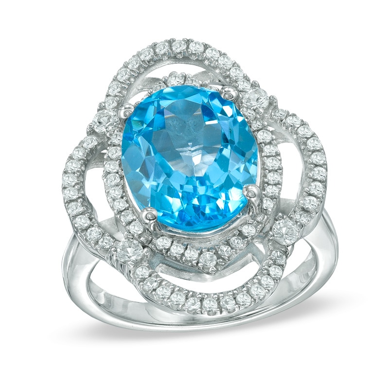 Oval Blue Topaz and White Topaz Clover Frame Ring in Sterling Silver
