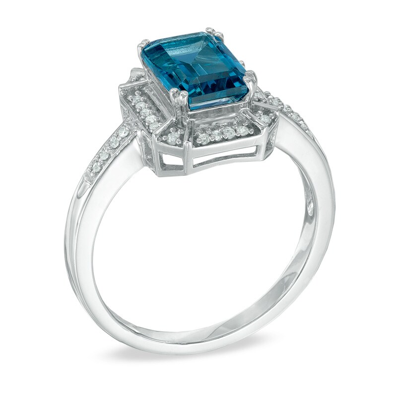 Emerald-Cut London Blue Topaz and 1/10 CT. T.W. Diamond Frame Ring in Sterling Silver