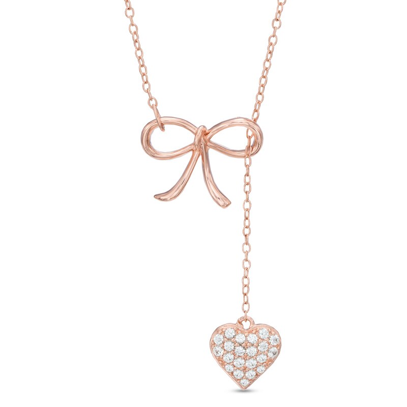 Main Image 1 of Lab-Created White Sapphire Bow Heart Lariat-Style Necklace in Sterling Silver with 18K Rose Gold Plate - 18.5"