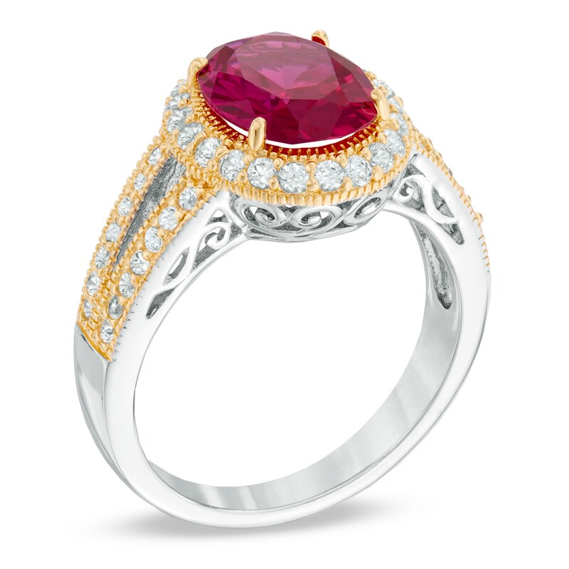 Main Image 2 of Oval Lab-Created Ruby and White Sapphire Ring in Sterling Silver with 18K Gold Plate