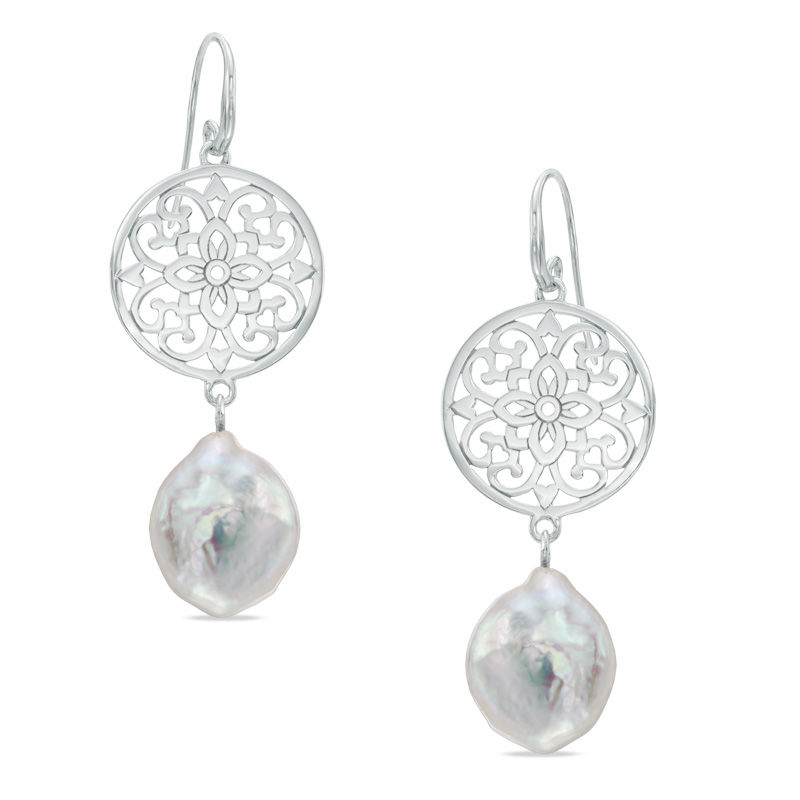 14.0 - 15.0mm Coin-Shaped Cultured Freshwater Pearl Medallion Drop Earrings in Sterling Silver