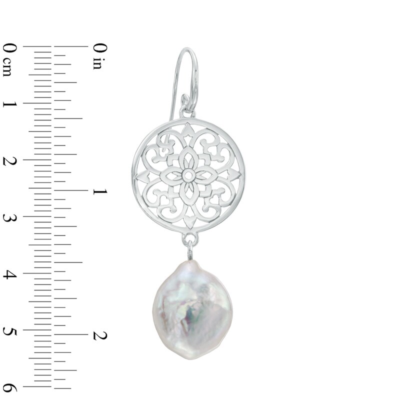 14.0 - 15.0mm Coin-Shaped Cultured Freshwater Pearl Medallion Drop Earrings in Sterling Silver