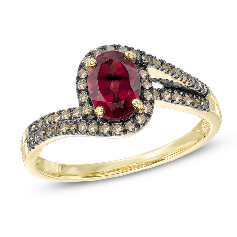 Oval Rhodolite Garnet and 1/5 CT. T.W. Champagne Diamond Ring in 10K Gold