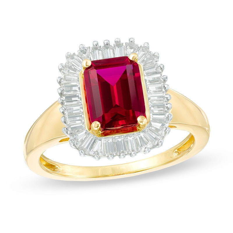 Emerald-Cut Lab-Created Ruby and White Sapphire Frame Ring in 10K Gold