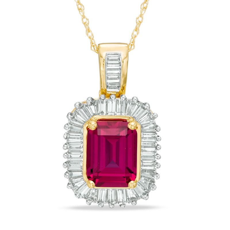 Main Image 1 of Emerald-Cut Lab-Created Ruby and White Sapphire Frame Pendant in 10K Gold