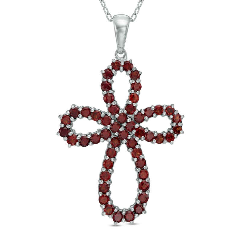 Main Image 1 of Garnet Looping Cross Pendant in Sterling Silver