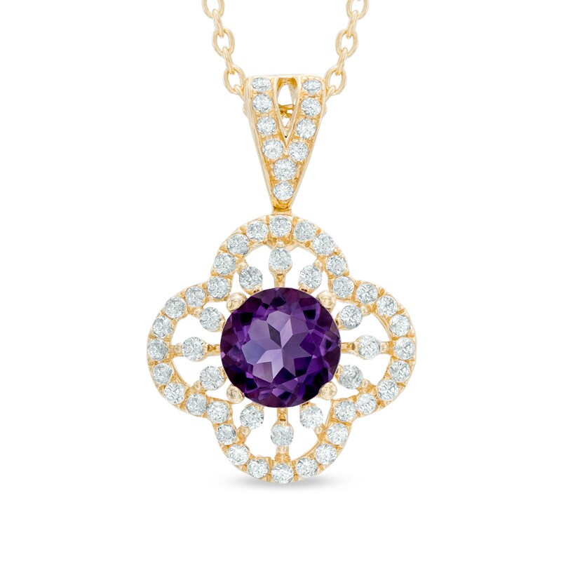 Main Image 1 of 5.5mm Amethyst and Lab-Created White Sapphire Clover Pendant in Sterling Silver with 14K Gold Plate