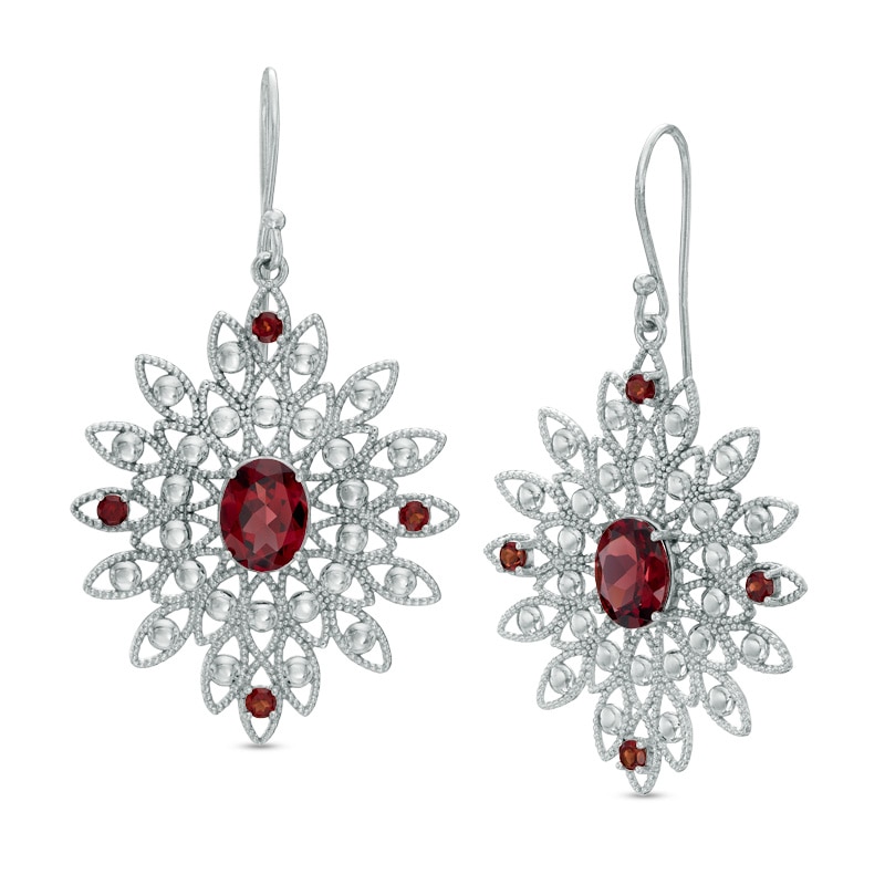 Garnet Vintage-Style Flower Drop Earrings in Sterling Silver