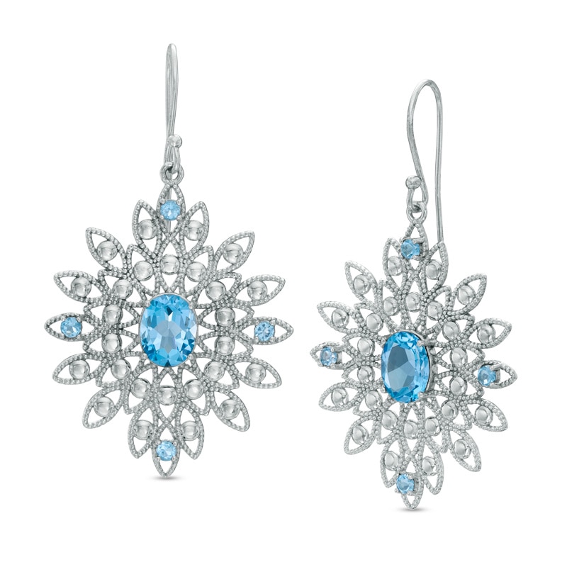 Blue Topaz Vintage-Style Flower Drop Earrings in Sterling Silver