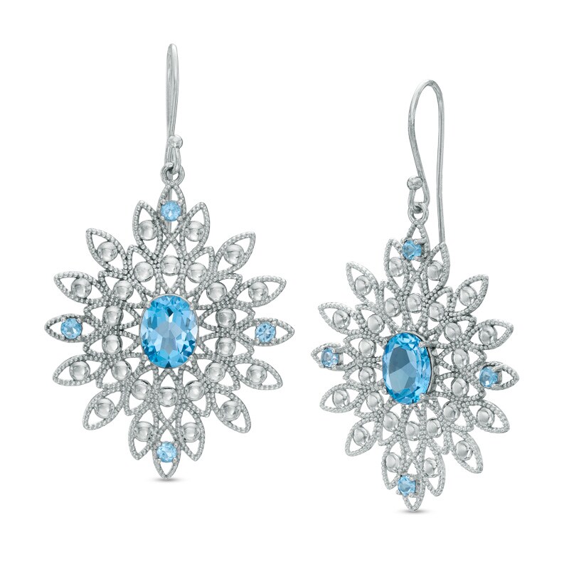 Main Image 1 of Blue Topaz Vintage-Style Flower Drop Earrings in Sterling Silver
