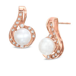 6.0mm Cultured Freshwater Pearl and 1/6 CT. T.W. Diamond Drop Earrings in 10K Rose Gold