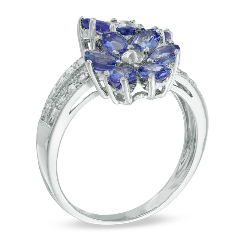 Oval Tanzanite Double Flower Ring in Sterling Silver