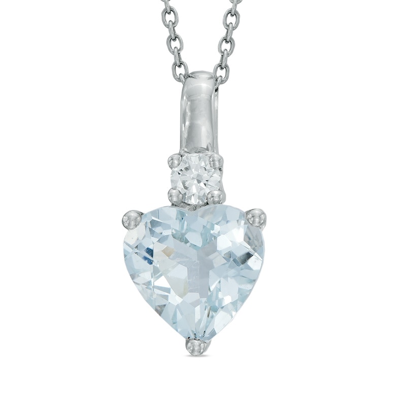 Main Image 1 of 8.0mm Heart-Shaped Aquamarine and Lab-Created White Sapphire Pendant in Sterling Silver