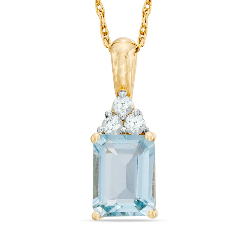 Main Image 1 of Emerald-Cut Aquamarine and Lab-Created White Sapphire Pendant in 10K Gold