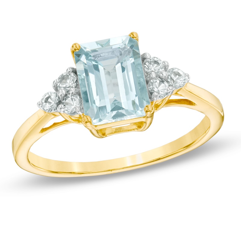 Emerald-Cut Aquamarine and Lab-Created White Sapphire Ring in 10K Gold