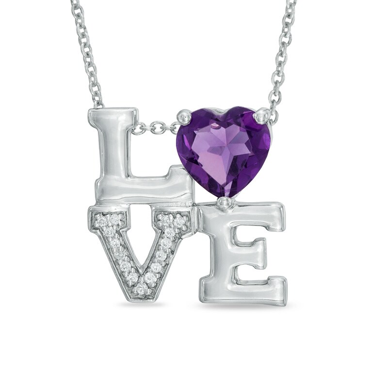 Main Image 1 of 7.0mm Heart-Shaped Amethyst and Lab-Created White Sapphire "LOVE" Pendant in Sterling Silver