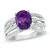 Thumbnail Image 0 of Oval Amethyst and Lab-Created White Sapphire Orbit Ring in Sterling Silver