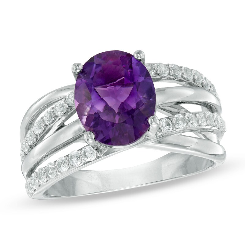 Oval Amethyst and Lab-Created White Sapphire Orbit Ring in Sterling Silver