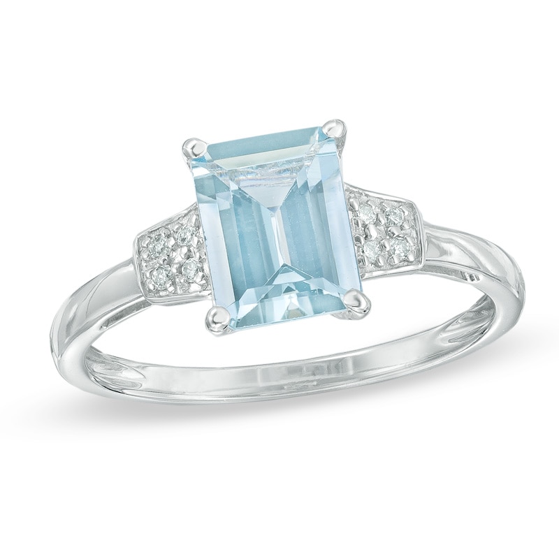 Main Image 1 of Emerald-Cut Aquamarine and Diamond Accent Ring in 10K White Gold