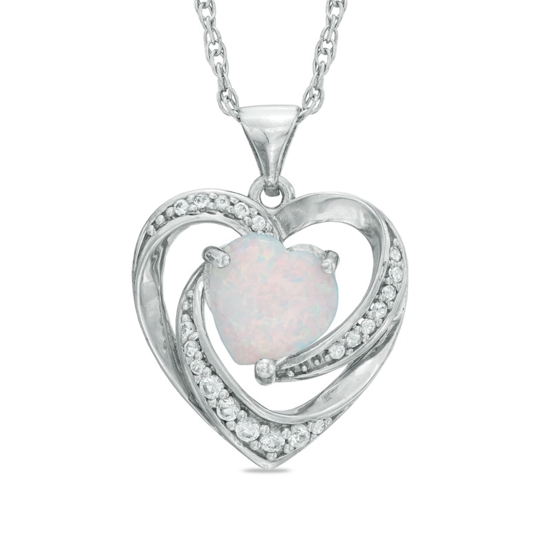 8.0mm Heart-Shaped Lab-Created Opal and White Sapphire Swirl Pendant in Sterling Silver