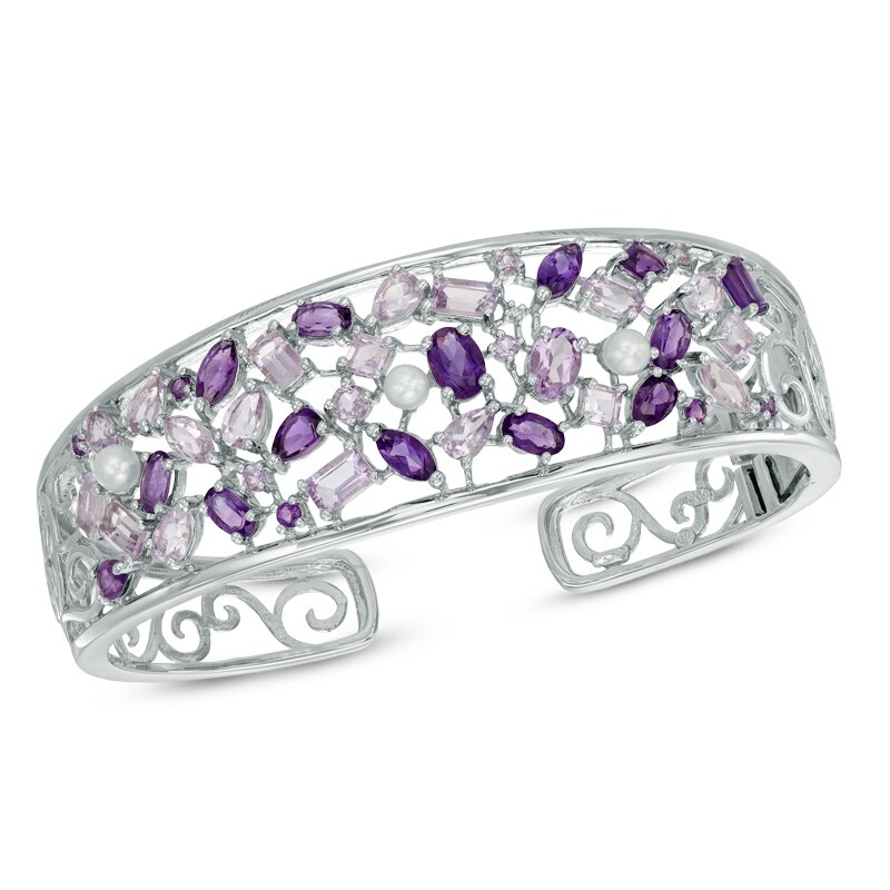 Main Image 1 of Multi-Gemstone and Lab-Created White Sapphire Cuff Bracelet in Sterling Silver