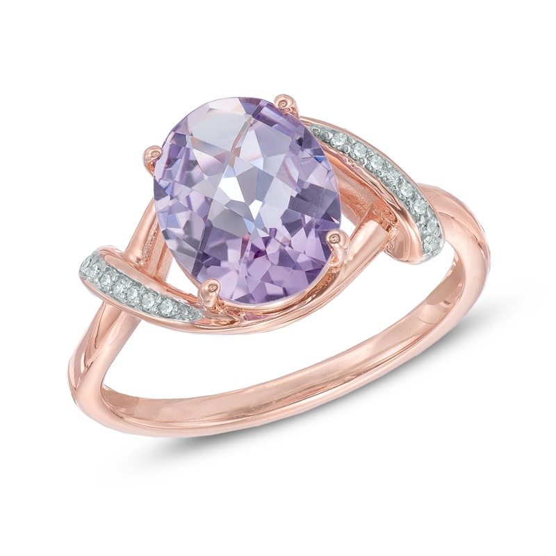 Oval Rose de France Amethyst and Diamond Accent Crossover Ring in 10K Rose Gold