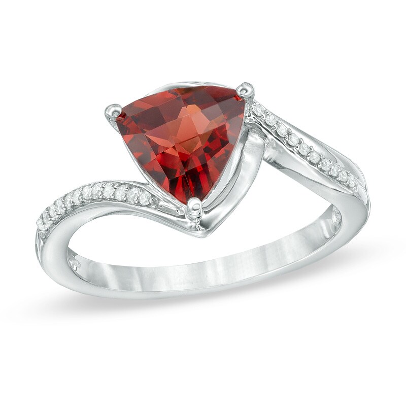 8.0mm Trillion-Cut Garnet and Diamond Accent Ring in 10K White Gold