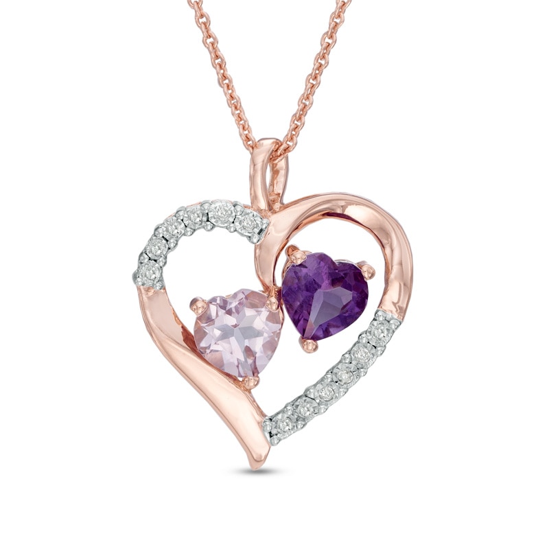 Main Image 1 of 6.0mm Heart-Shaped Amethyst and Diamond Accent Heart Pendant in Sterling Silver with 14K Rose Gold Plate