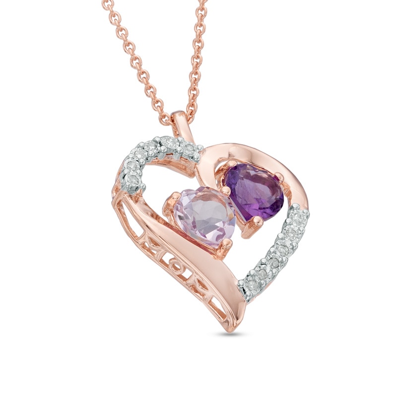 Main Image 2 of 6.0mm Heart-Shaped Amethyst and Diamond Accent Heart Pendant in Sterling Silver with 14K Rose Gold Plate