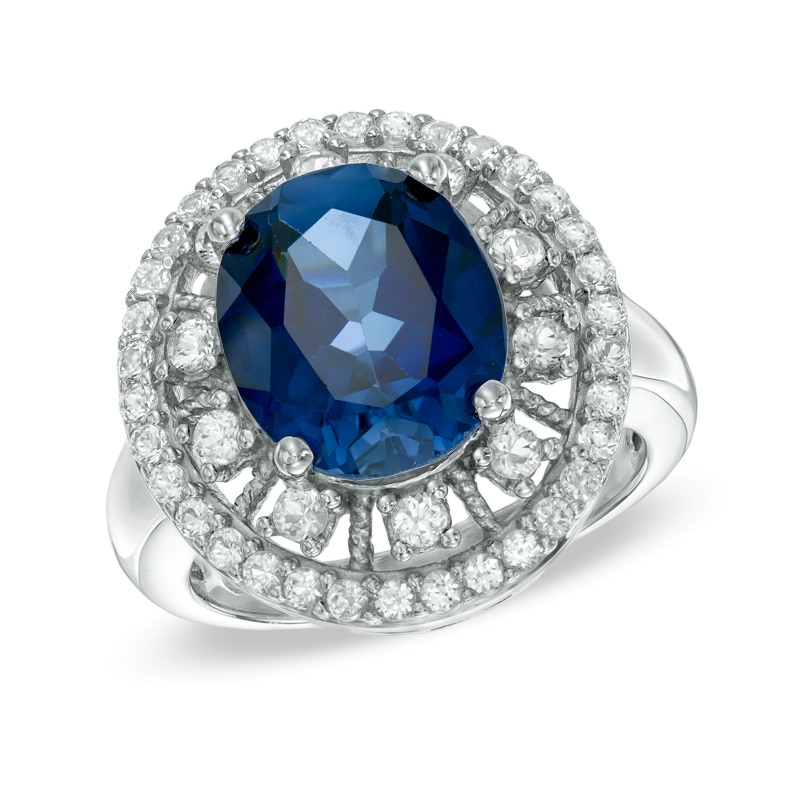 Oval Lab-Created Blue and White Sapphire Frame Ring in Sterling Silver