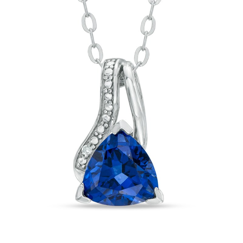 Main Image 1 of 8.0mm Trillion-Cut Lab-Created Blue Sapphire and Diamond Accent Pendant in Sterling Silver
