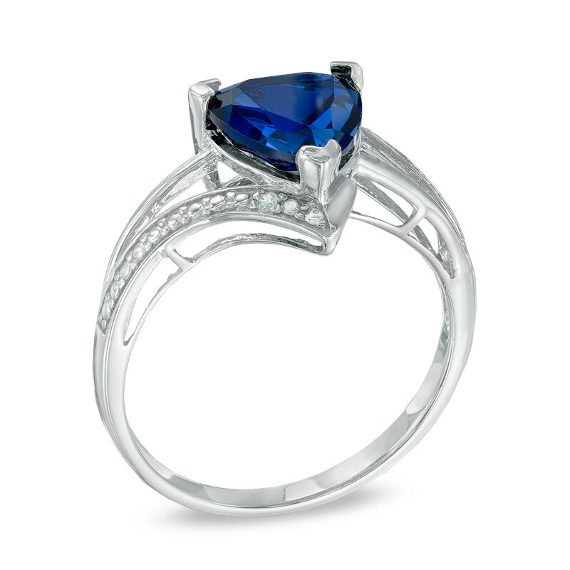 Main Image 2 of 7.0mm Trillion-Cut Lab-Created Blue Sapphire and Diamond Accent Ring in Sterling Silver