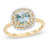 Thumbnail Image 0 of 6.0mm Cushion-Cut Aquamarine and 1/8 CT. T.W. Diamond Double Frame Ring in 10K Gold