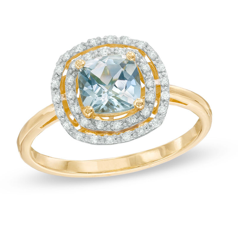 6.0mm Cushion-Cut Aquamarine and 1/8 CT. T.W. Diamond Double Frame Ring in 10K Gold